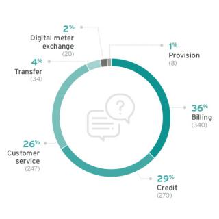 Graph showing top issues raised by Aboriginal and Torres Strait Islander customers in 2018/2019. Issues in order 36% billing, 29% credit, 26% customer service, 4% transfers, 2% digital meters, 1% provision